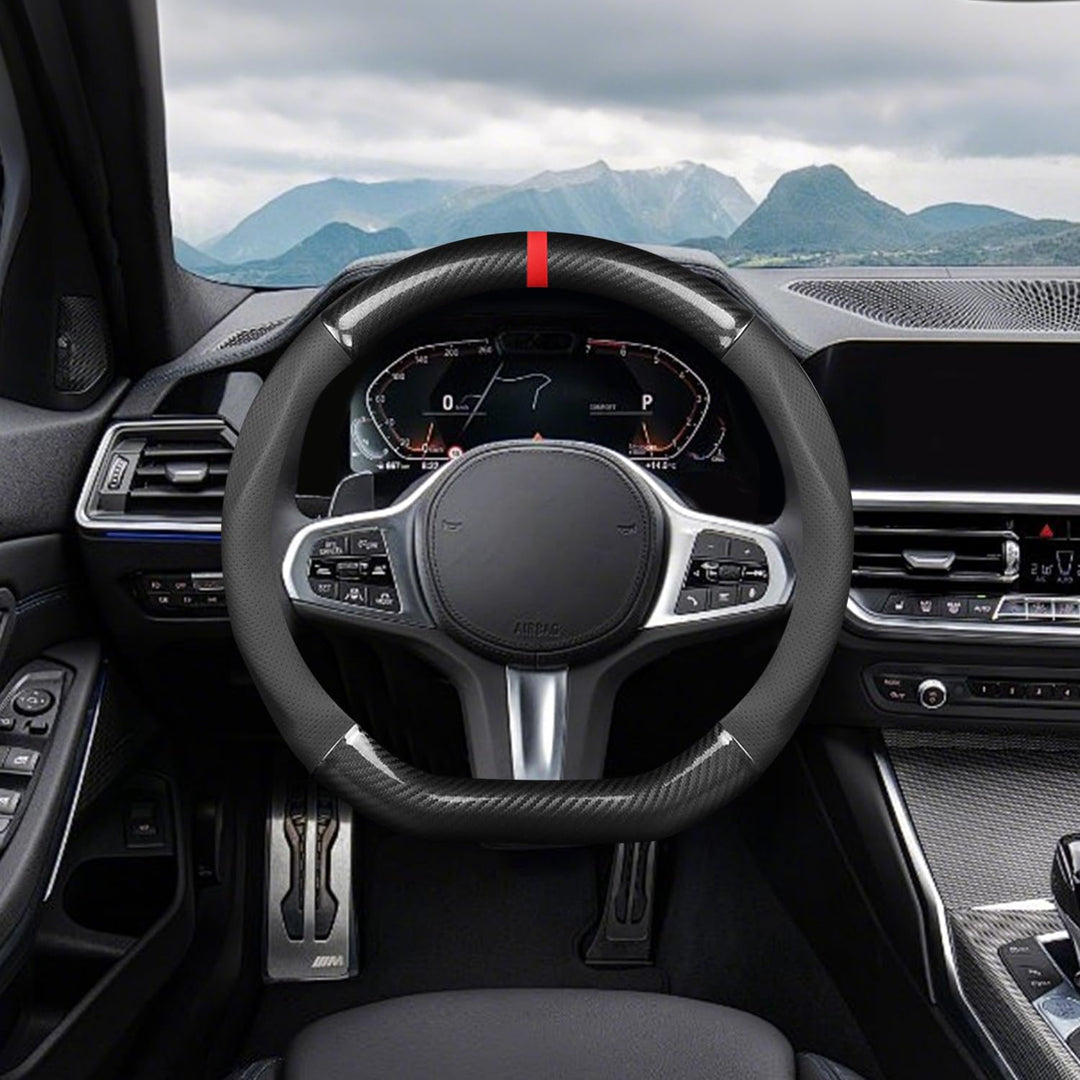 Ergocar Auto Lenkradbezug Rutschfester Auto Lenkradschutz D-Form Kohlefaser & PU Leder für Durchmess