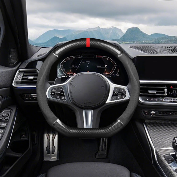 Ergocar Auto Lenkradbezug Rutschfester Auto Lenkradschutz D-Form Kohlefaser & PU Leder für Durchmess