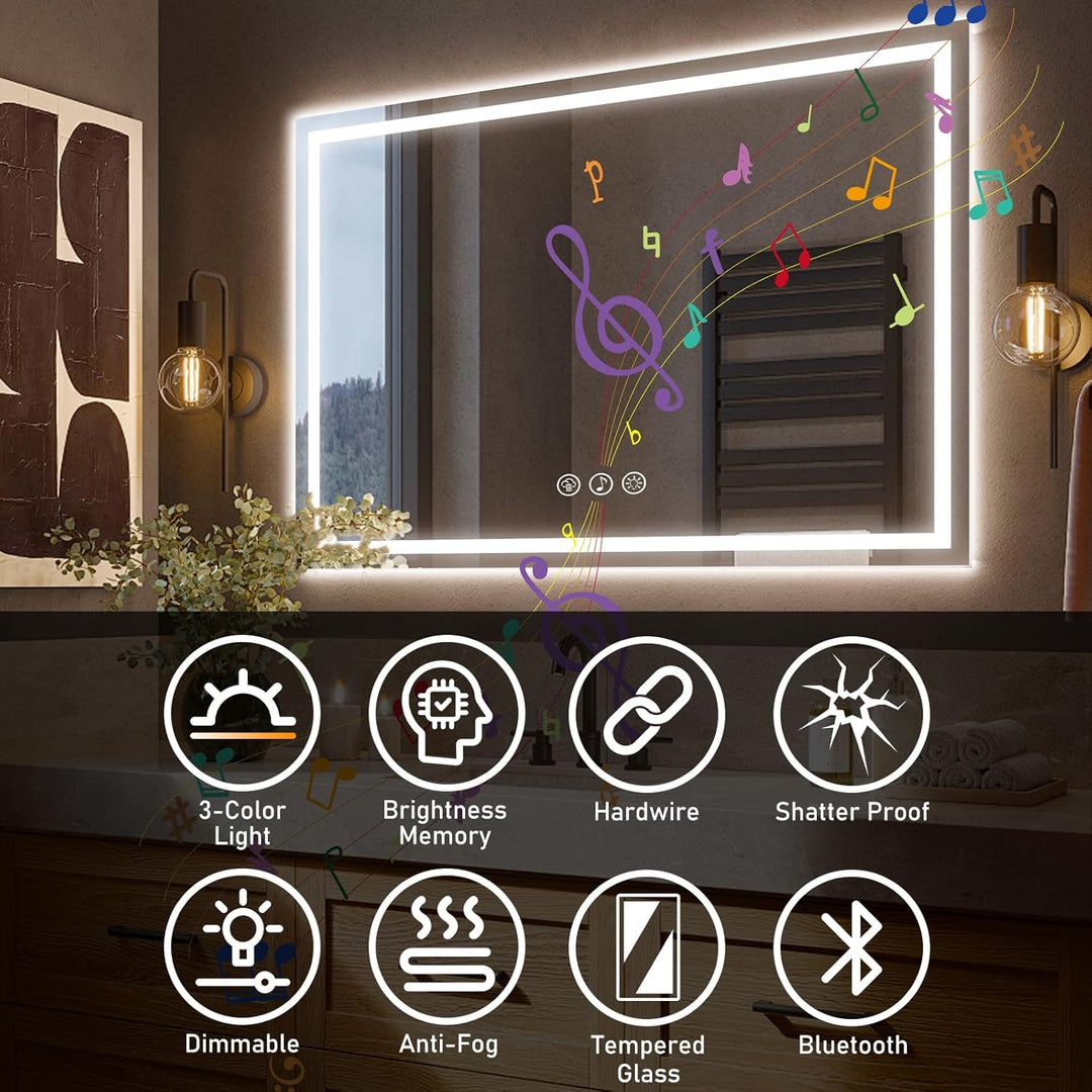 Ratsamee Badspiegel mit Beleuchtung LED, 100x70cm Bluetooth Spiegel mit Light, Wandspiegel mit Front