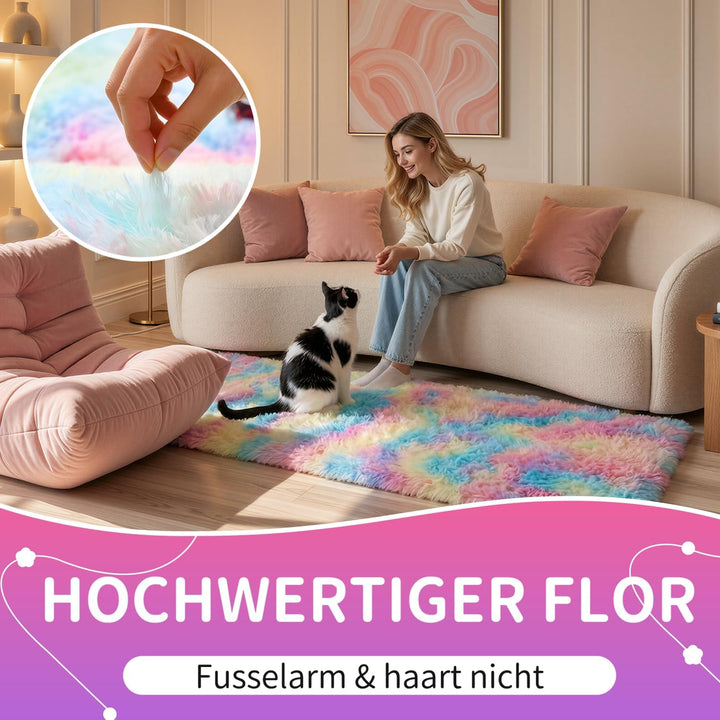 VOFUSHON Wohnzimmer Hochflor Teppich,Shaggy Flur Läufer Teppich Modern Flauschiger Weich Bunte Batik