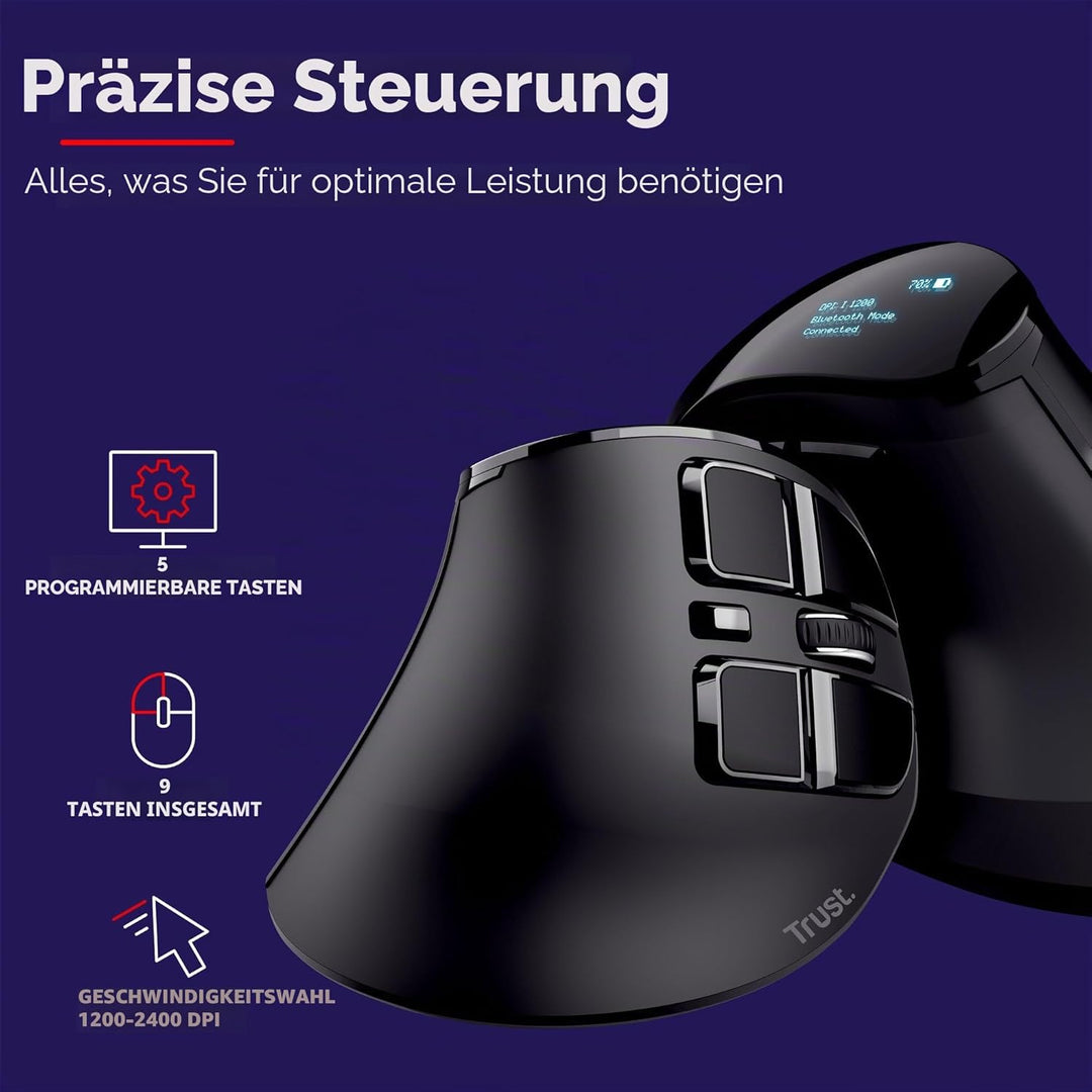 Trust Voxx Vertikale Kabellose Maus, Wiederaufladbare Ergonomische Funkmaus, Bluetooth und 2.4 GHz V