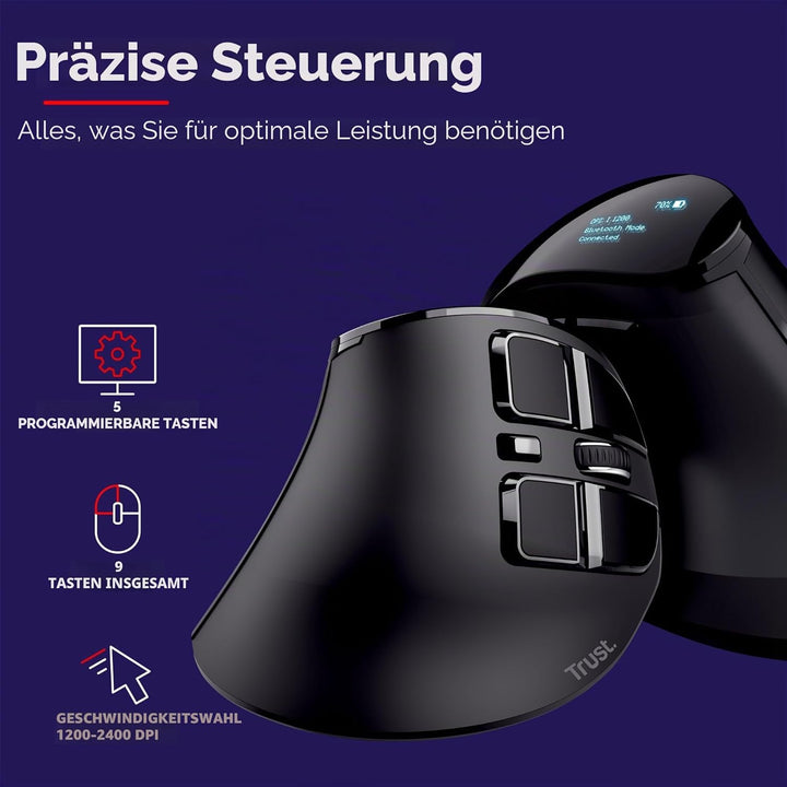 Trust Voxx Vertikale Kabellose Maus, Wiederaufladbare Ergonomische Funkmaus, Bluetooth und 2.4 GHz V