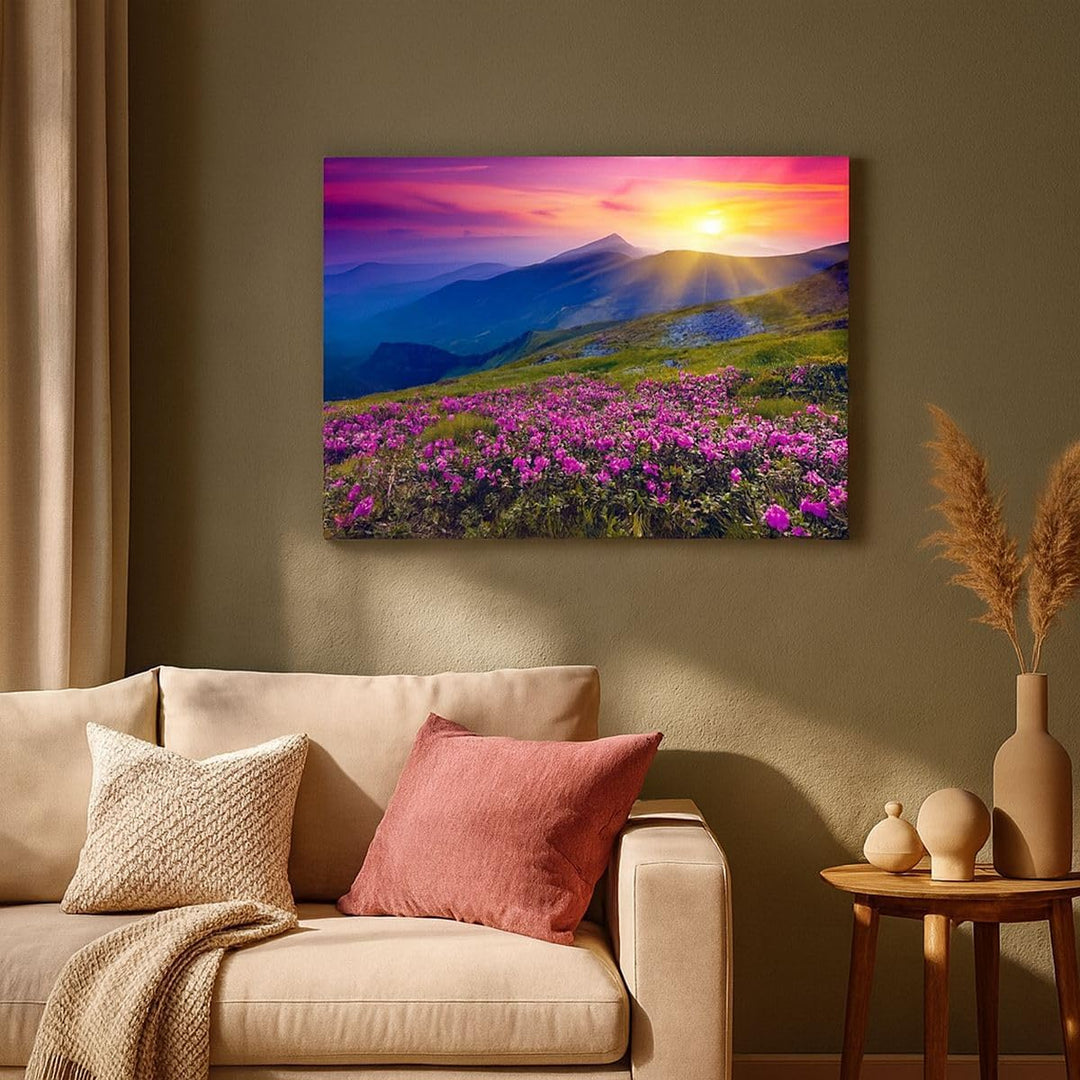 ARTTOR Bilder auf Leinwand 100x70cm Leinwandbild Wiese Berge Landschaft Gross Wanddeko Bild Schlafzi