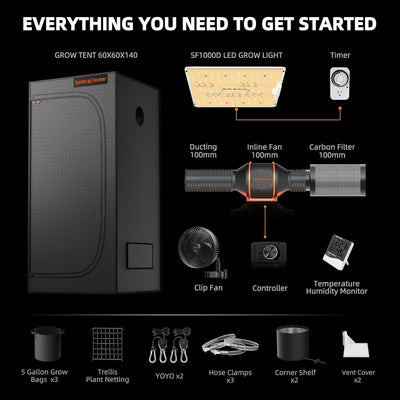 Spider Farmer SF1000D Growbox Komplettset LED Grow Lampe Vollspektrum Samsung LM301B LEDs Growzelt K
