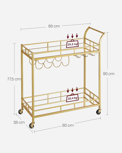 VASAGLE Servierwagen, Rollwagen, Gläserhalter, 2 verspiegelte Glasablagen, Barwagen, Weinwagen, für