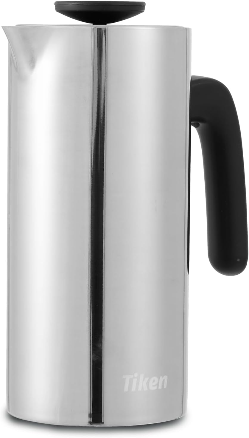 Tiken 1L French Press Edelstahl Double-Wall Vakuum Thermo Kaffeebereite Spülmaschinenfest Silver, Si