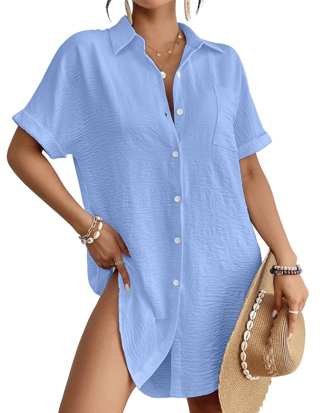 Bsubseach Frauen Badeanzug Coverup Shirt Kleid Button Down Badeanzug Cover Up Beachwear Hell, Blau M