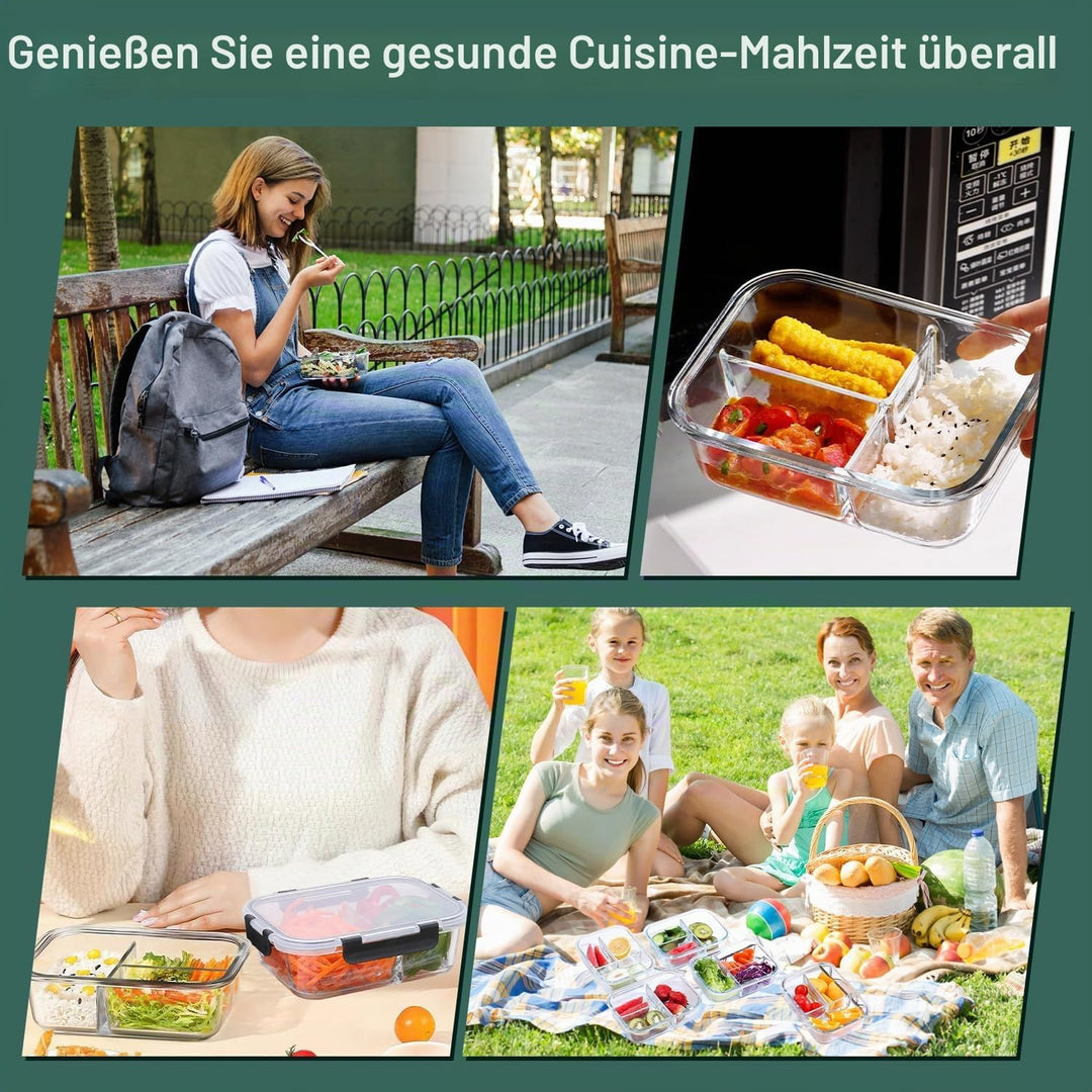 Glasbehälter mit Deckel Meal Prep Boxen Glas 3 Fächer (5Stück, 1040ml) Meal Prep Boxen Glas mit Tren