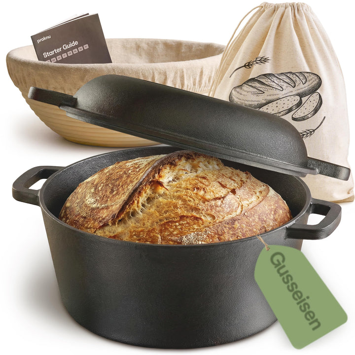 Praknu Gusseisen Topf für Brot Backen Set (26 cm Brottopf) – Inkl. Gärkorb, Brotbeutel & Brotbacktop