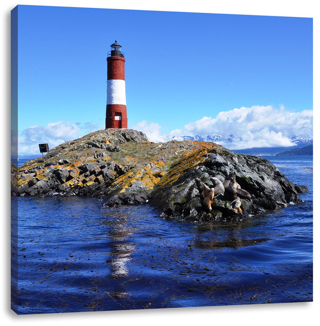 Pixxprint Leuchtturm mit Robben auf Kleiner Insel im Meer, Format: 70x70 auf Leinwand, 70x70