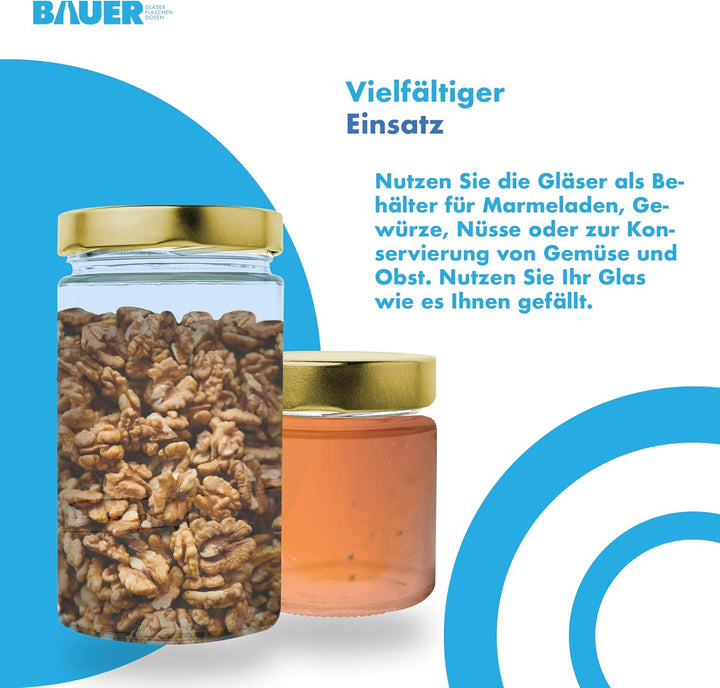 Flaschenbauer - 12er Set Gewürzgläser Set 212ml - TO 66 Deep Mündung, Goldenen Deckel - Ideal für Ge