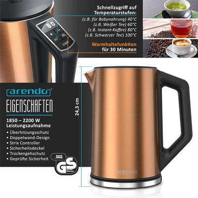 Arendo - Wasserkocher mit Toaster Set und Eierkocher, Edelstahl Kupfer Wasserkocher 1,5L 40° - 100°C