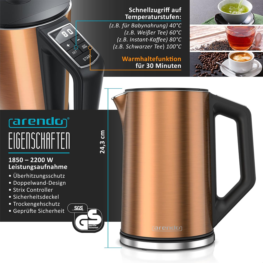 Arendo - Wasserkocher mit Toaster SET und Eierkocher, Edelstahl Kupfer Wasserkocher 1,5L 40° - 100°C