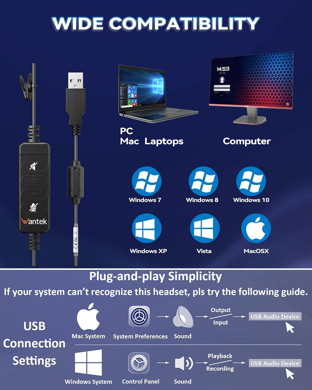 USB Headset Stereo mit Noise Cancelling Mikrofon und Lautstärkeregler, Wantek PC Kopfhörer für Busin
