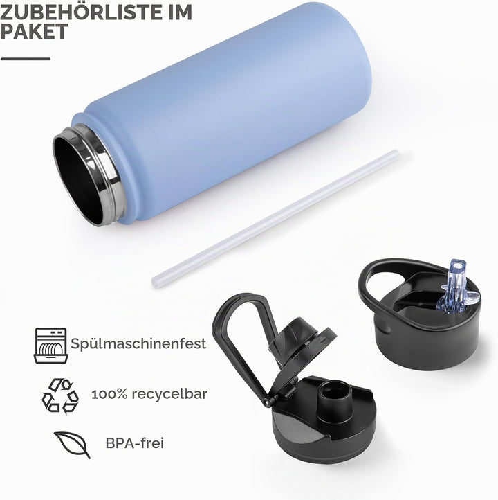 Edelstahl Trinkflasche - 500ml - mit Strohhalm,Auslaufsicher,Kohlensäure Geeignet,BPA frei Thermosfl