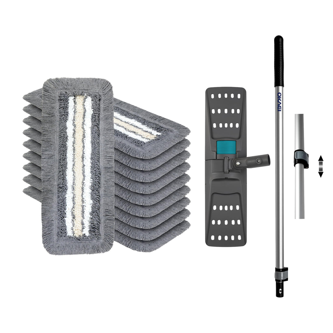 OKAEI Wischmop-Komplettset 50 cm – 10er Spar-Set: 10× Bezug Grau-Weiss-Beige + Klapphalter & Alu-Tel