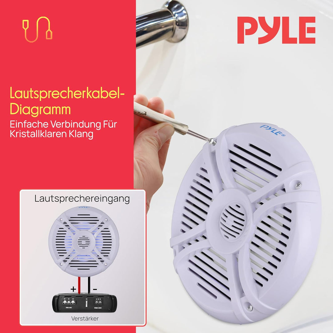 Pyle 6.5'' Waterproof Audio Marine Grade Dual Speakers with Built-in Programmable Multi-Color LED Li