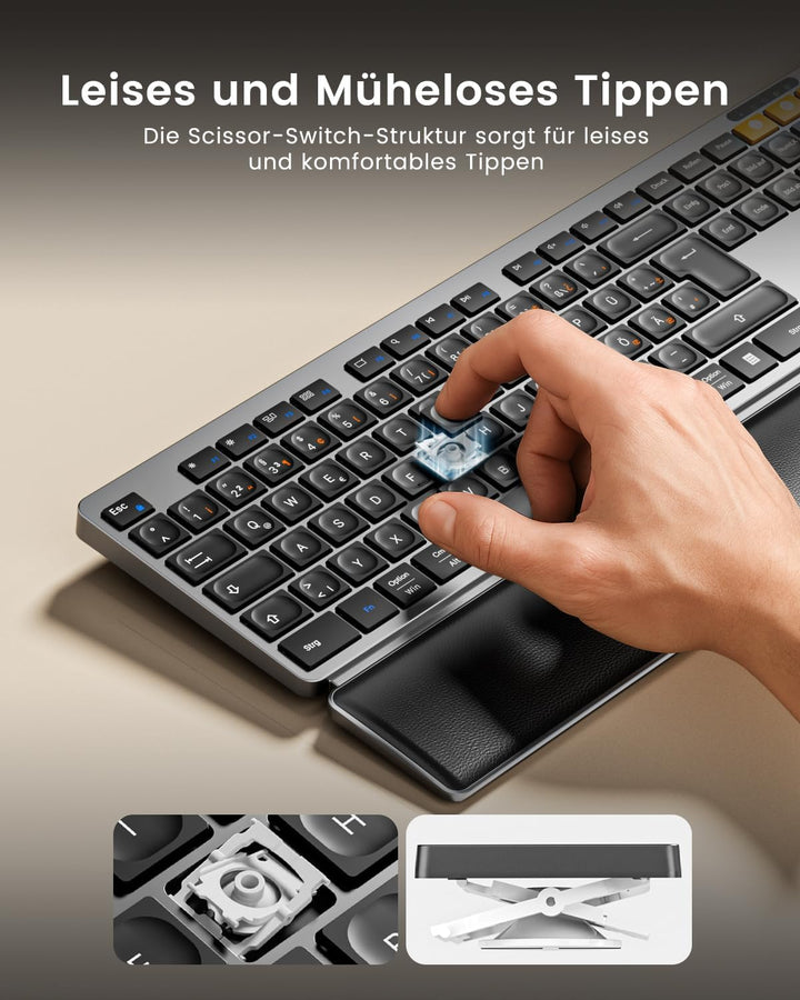 ProtoArc Kabellos Tastatur Maus Set, KM60 Full-Size Bluetooth Tastatur und Maus mit Handballenauflag