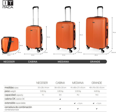 ITACA - 3er Kofferset Erweiterbar 55/66/76 cm ABS. 4 Rollen. Steif, widerstandsfähig und leicht. Hän