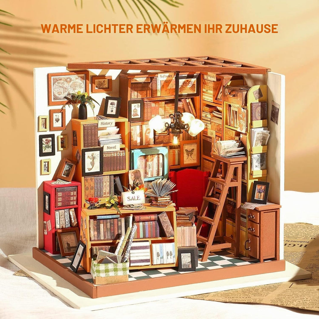 RoWood DIY Miniatur Haus Buchhandlung Puppenhaus mit Licht, DIY Mini Holz Haus Modell Set, Bastelset