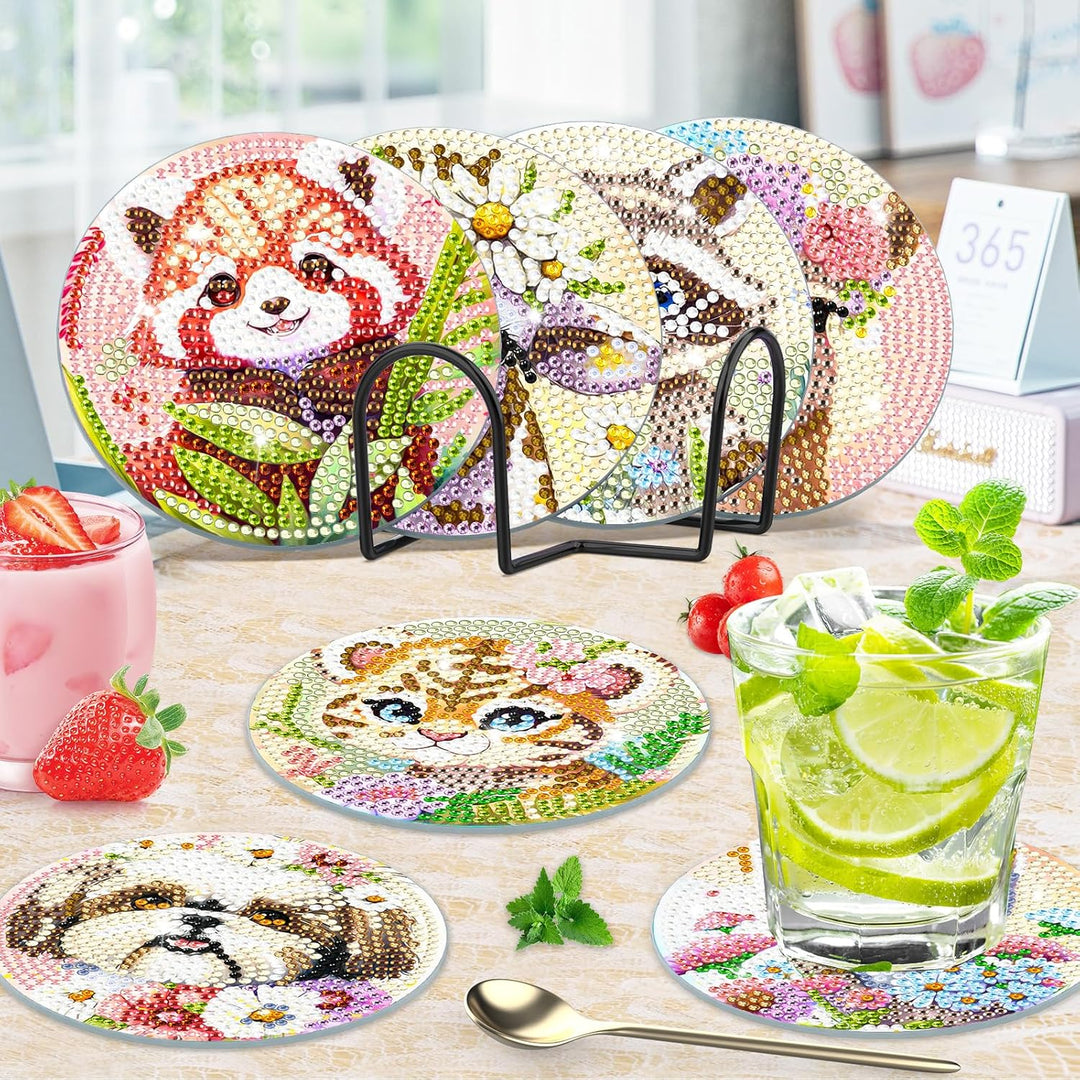 8 STK Diamond Painting Untersetzer Tier mit Halter, Diamant Bilder für Tiere, Tassenuntersetzer mit