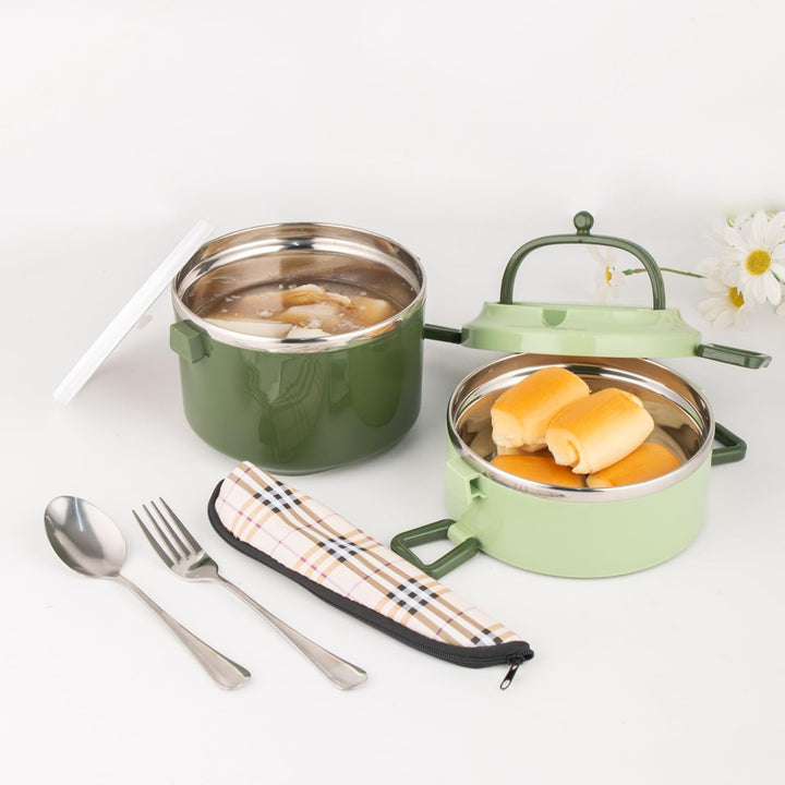 SANQIAHOME 2 Schichten Mehrschichtige stapelbare Edelstahl-Lunchbox,Auslaufsicher,grün Grün 2 Schich