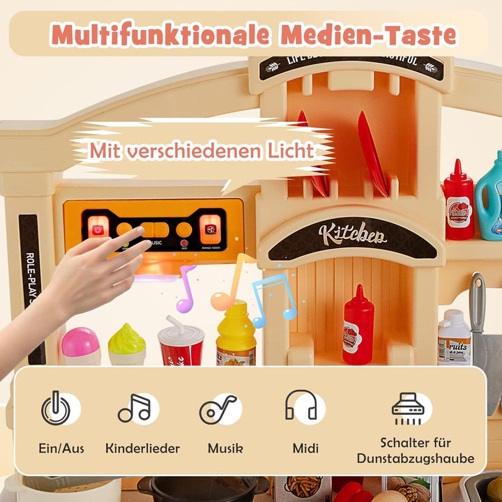 DREAMADE Kinderküche mit 42 TLG. Zubehör, Kinderspielküche mit Licht und Sound, Dampf, Wasser, Spüle