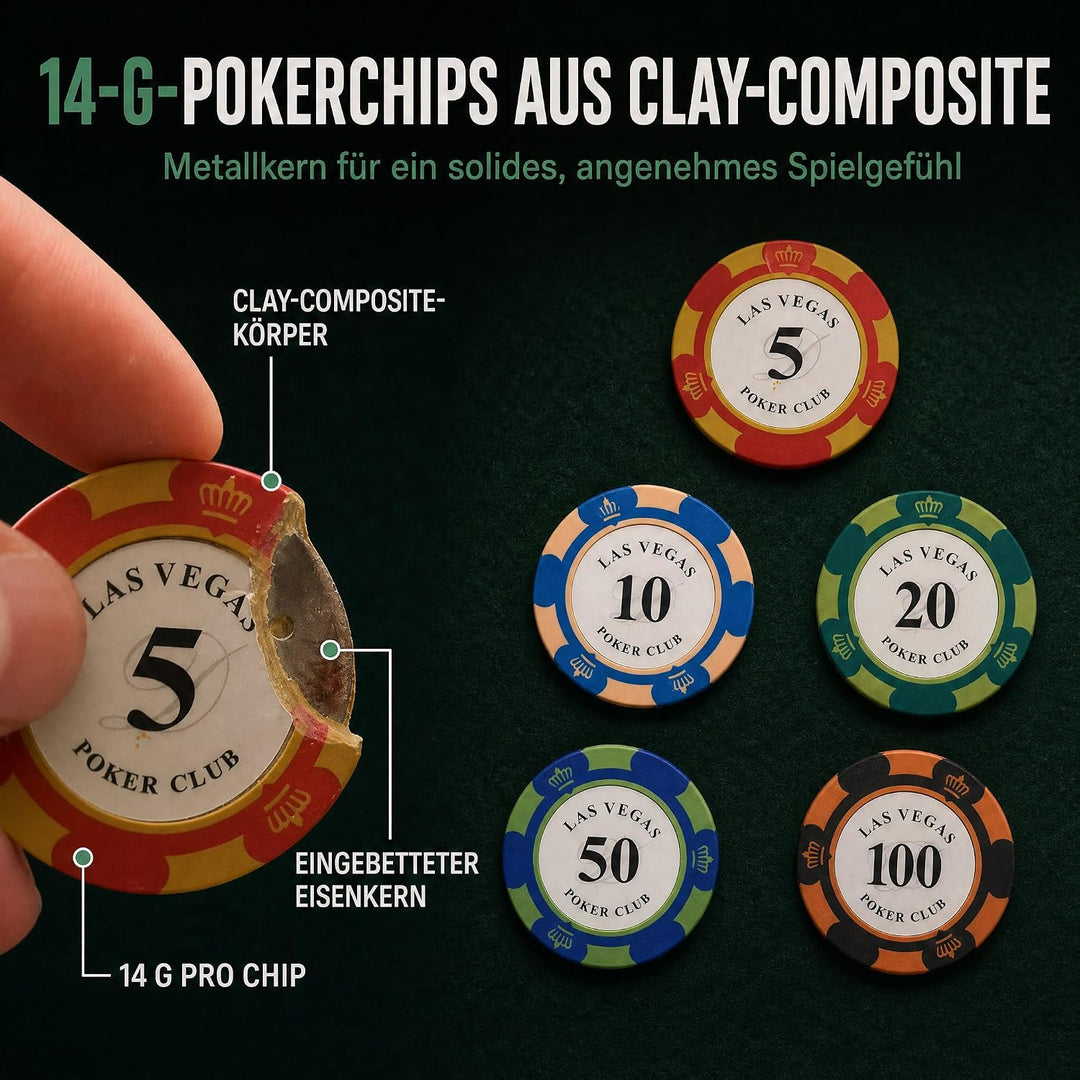Pokerchip-Set mit 100 Tonchips mit Nennwert, geeignet für Blackjack und Casinospiele, 20 Chips pro N