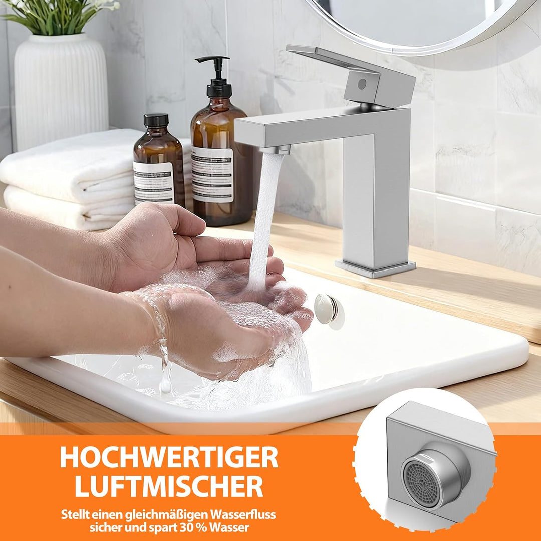 Wasserhahn Bad Einhebel-Waschtischarmatur, HURRAN Badezimmer-Wasserhahn Edelstahl, Warm/Kaltwasser M