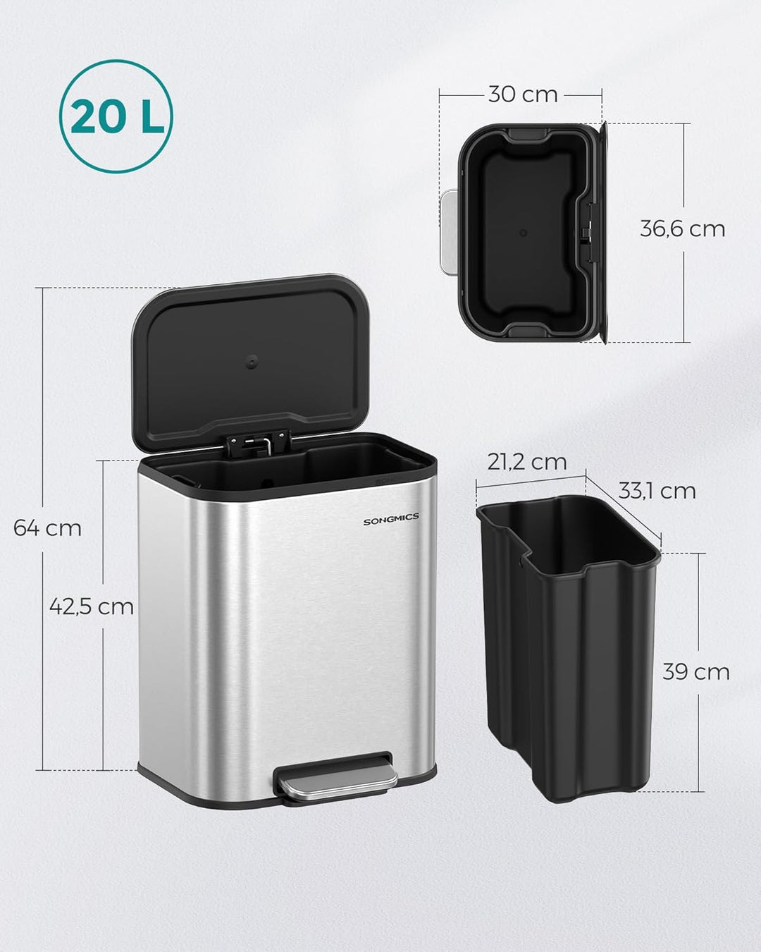 SONGMICS Mülleimer Küche, 20 Liter Abfalleimer mit Deckel, Tretmülleimer, Stahl, Softclose, Offenhal