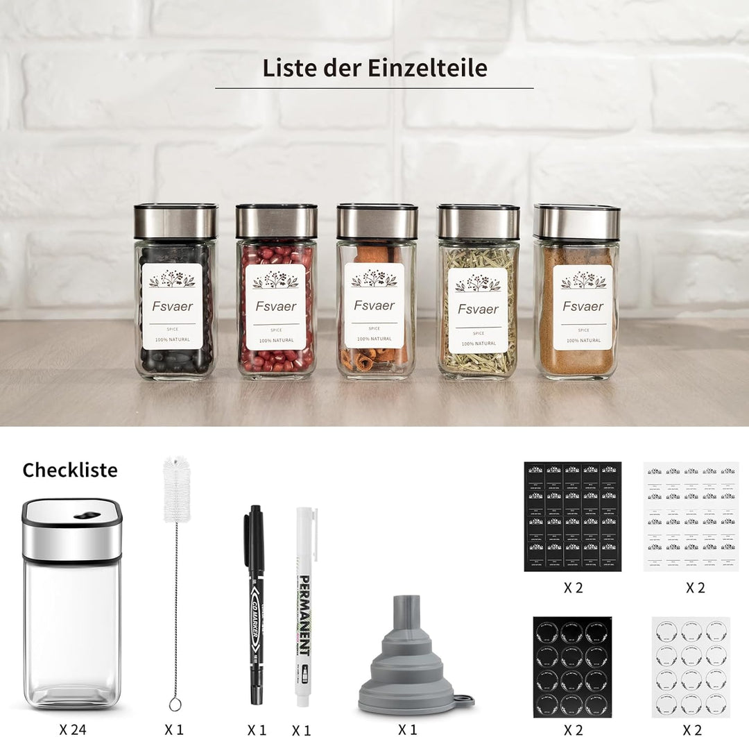 24 Gewürzgläser Eckig,120ML Gewürzdosen Set mit Streueinsatz,Gewürzstreuer mit Drehdeckel-Starke Ver