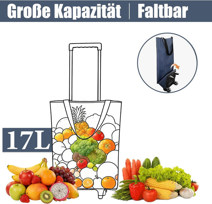 2-in-1 Einkaufstrolley Klappbar, 17L Faltbarer Einkaufstrolley, wasserdichte Einkaufstasche mit Roll