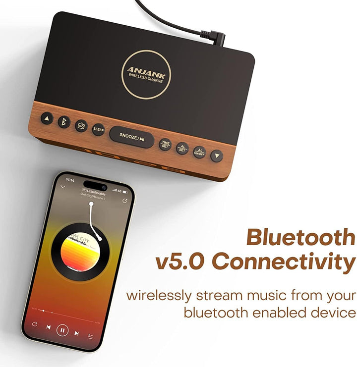 ANJANK Hölzerner Bluetooth-Lautsprecher Radiowecker Digital,Kabellose Ladestation für iPhone/Samsung
