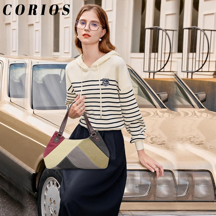 CORIOS Damen Handtasche Multi-Color Streifen Schultertasche Canvas Tote Beutel Grosse Kapazität Trag