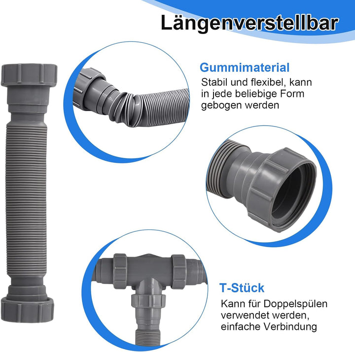 Verstellbares Doppel-Ablauf-Set, flexibles Abflussrohr, mit P-Trap-Design und Silikondichtungen für