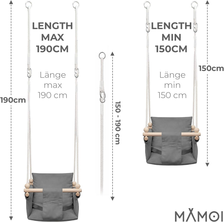 MAMOI® Babyschaukel Kinderschaukel Holz + SICHERHEITSGURT, Schaukel für Kinder Garten Indoor Outdoor