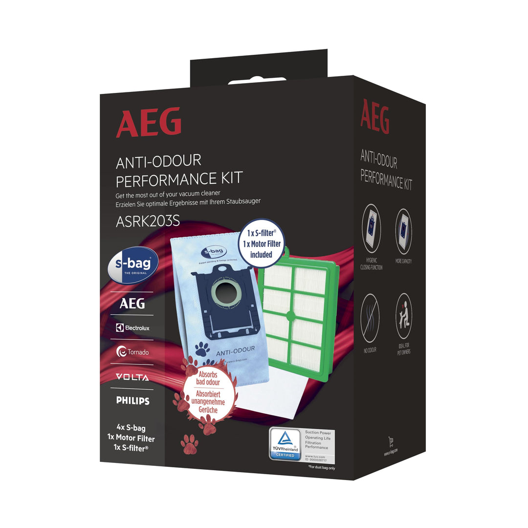 AEG ASRK203S S-Bag Performance Kit, 4X S-Bag Staubbeutel Anti-Odour,1x S-Filter Hygienefilter Waschb