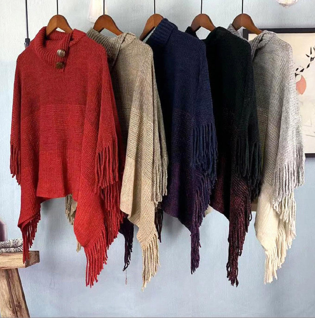 Damen Poncho mit knöpfen Schal Cashmere Feeling Strick Decke Cape Cardigan für Frauen Retro Cardigan