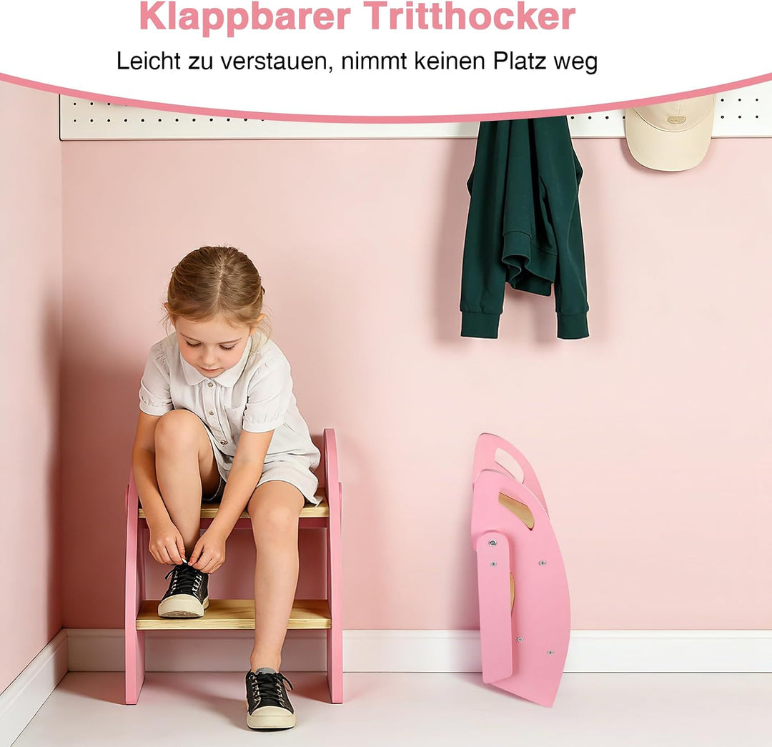 Tritthocker Kinder 2 Stufen, Trittleiter Klappbar Holz mit Griff, Tragfähigkeit bis zu 135KG, Tritts