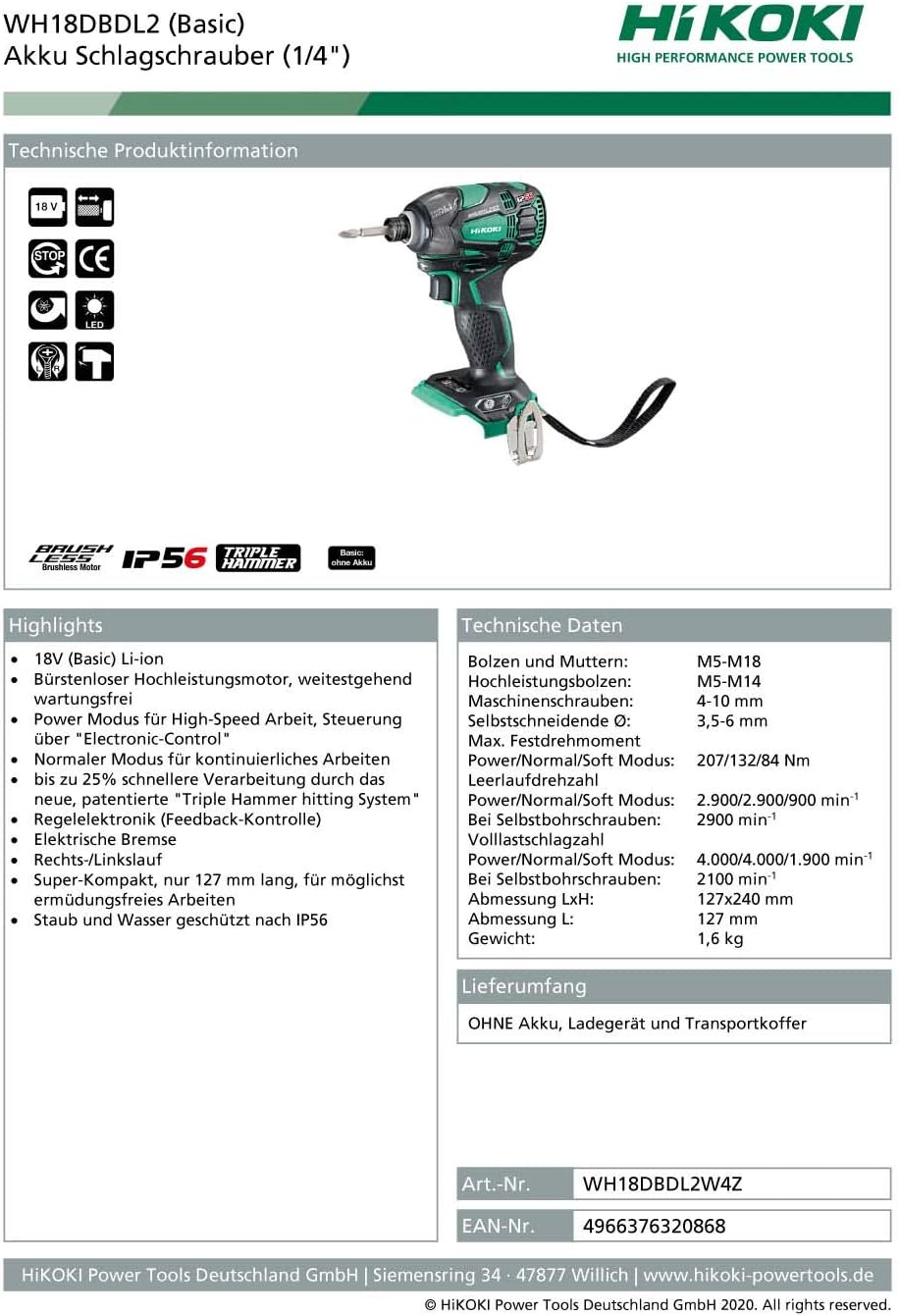 HIKOKI, Akku-Schlagschrauber, WH18DBDL2 (Basic), (18V) Version nur Korpus der