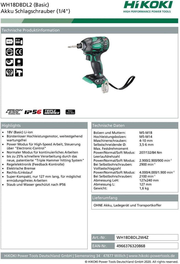 HIKOKI, Akku-Schlagschrauber, WH18DBDL2 (Basic), (18V) Version nur Korpus der