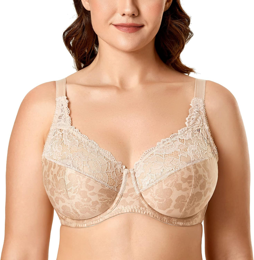 DELIMIRA Damen Minimizer BH Ohne Einlagen Mit Spitze Mit Bügel Grosse Grössen, 75H Beiger Hibiskus