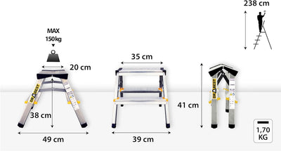 DRABEST Alu Leiter Klappbar 2 x 2 Stufen Zweiseitige Klappleiter Doppelstufenleiter max 150 kg TÜV Z