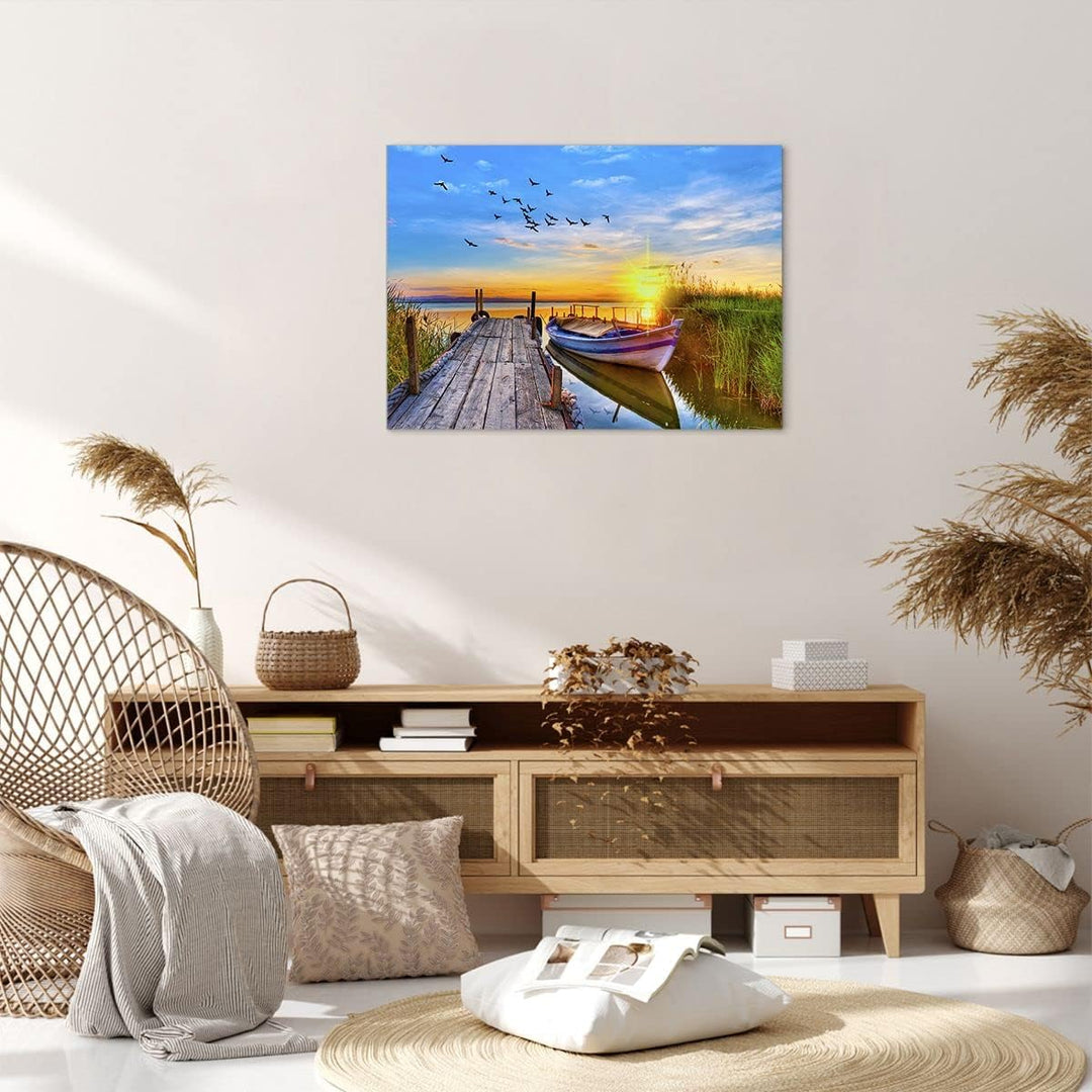 Bilder auf Leinwand See Boot Wasser Leinwandbild mit Rahmen 70x50cm Wandbilder Dekoration Wohnzimmer