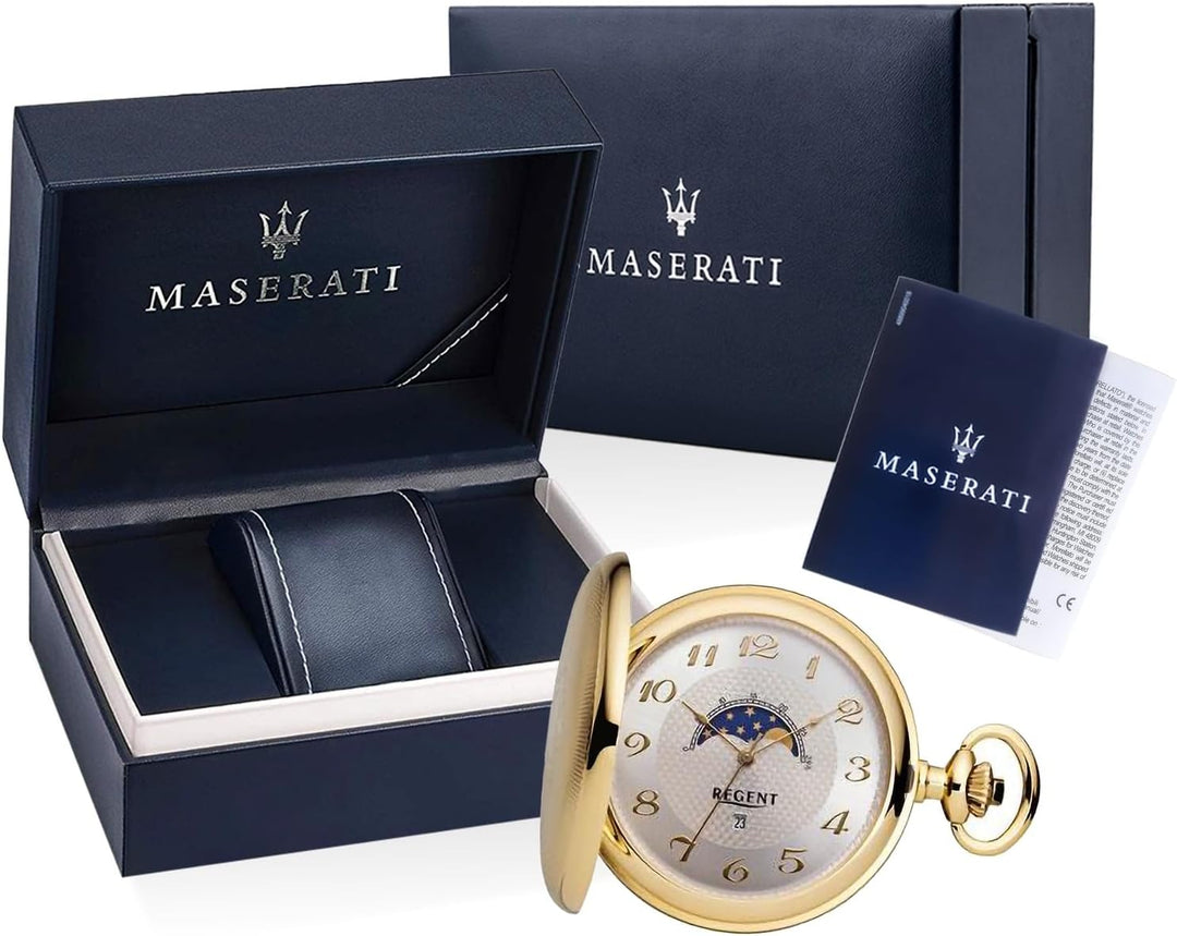 REGENT Herren Taschenuhr Savonnette Klappdeckel 50 MM Quarz Arabische Zahlen Datum Mondphase Gold-si