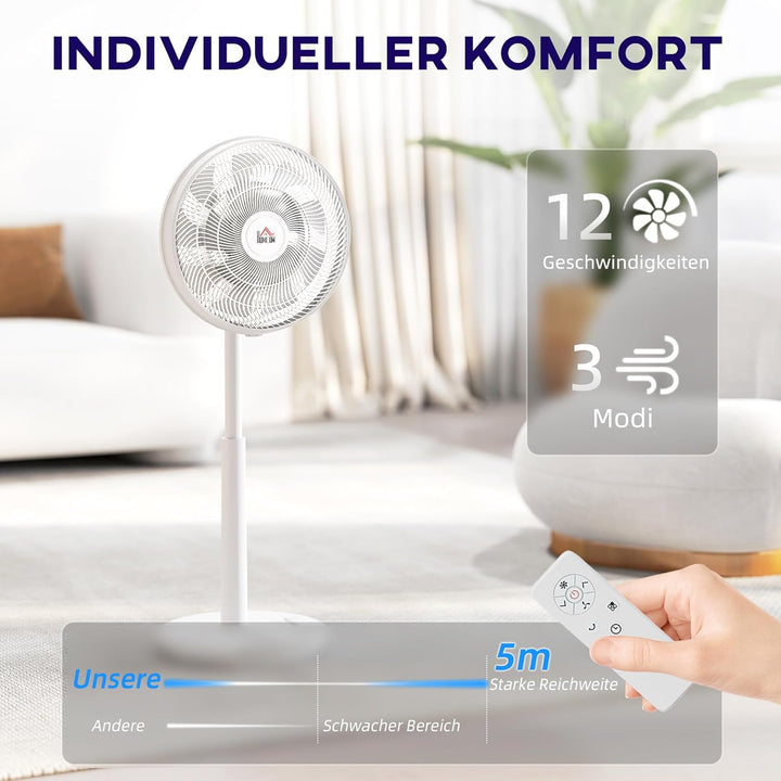 HOMCOM Standventilator leise mit Fernbedienung, Ventilator mit 12 Geschwindigkeitsstufen, Timer, Nei