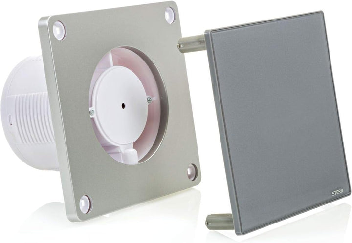 STERR Grauer Badlüfter 100 mm mit TIMER - Badezimmerventilator - Glasfront - Modernes Aussehen - BFS