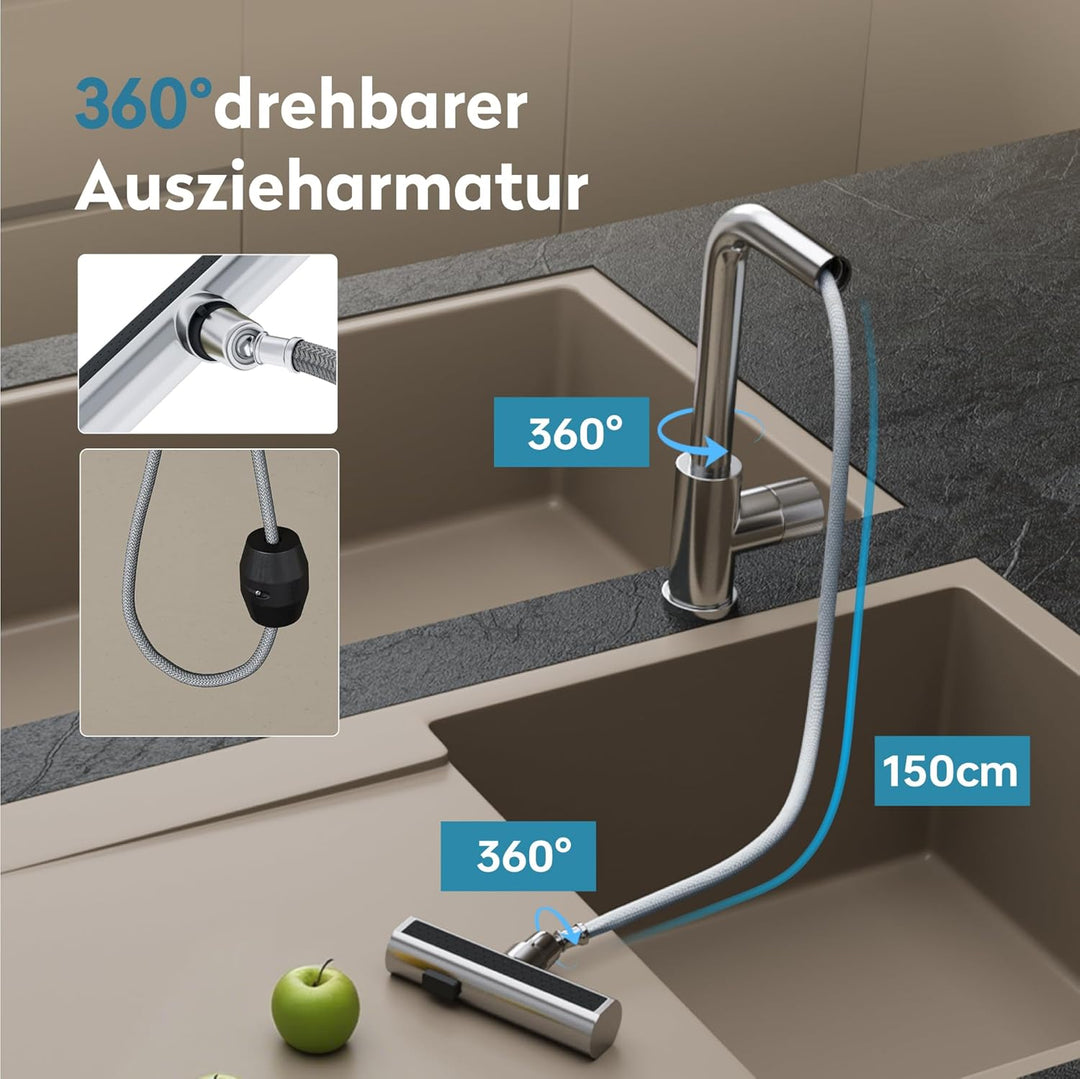 doporro Wasserhahn Küche ausziehbar, Hochdruck Küchenarmatur mit Wasserfall, 3 Strahlarten und Braus