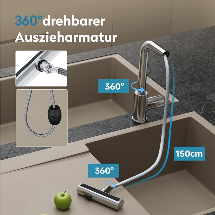 doporro Wasserhahn Küche ausziehbar, Hochdruck Küchenarmatur mit Wasserfall, 3 Strahlarten und Braus