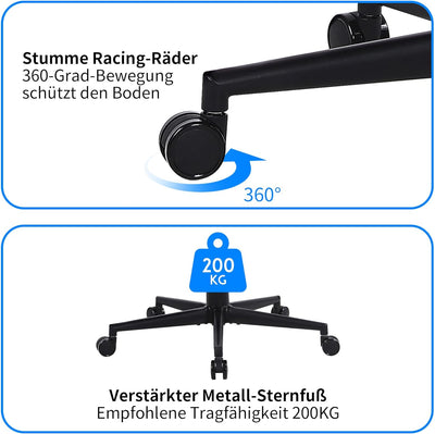 Fantasylab Bürostuhl Ergonomisch 200KG Schreibtischstuhl, Hoher Rücken Ergonomischer Stuhl Drehstuhl